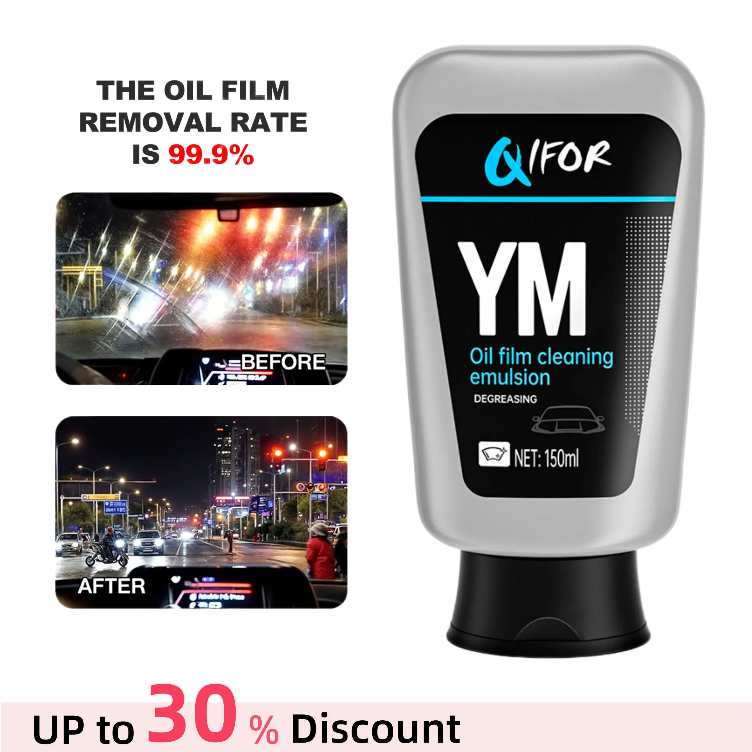 QIFOR Car Oil Film Cleaning, Glass DecontaminationWithout Traces, Window Oil Film Cleaning, FastCleaning, Compact And Easy To Carry - 150ml