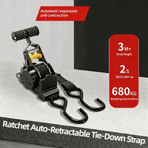 Ratchet Auto-Retractable Tie-Down Straps, maximum length up to 10 ft. Adopted heavy-duty retractable belt design, fitted with safety S-hooks and soft loop protectors. Widely applicable for trucks, motorcycles, and home moving cargo fixation