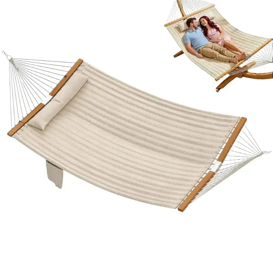 Dufominc 130-Inch Heavy-Duty Double-Quilted Hammock with Anti-Tilt Spreader Bar, Pillow, Side Pocket & High-Tensile Rope, Outdoor Patio Swings Hammock Holds Up to 3 Adults for Balcony, Backyard, Hammocks