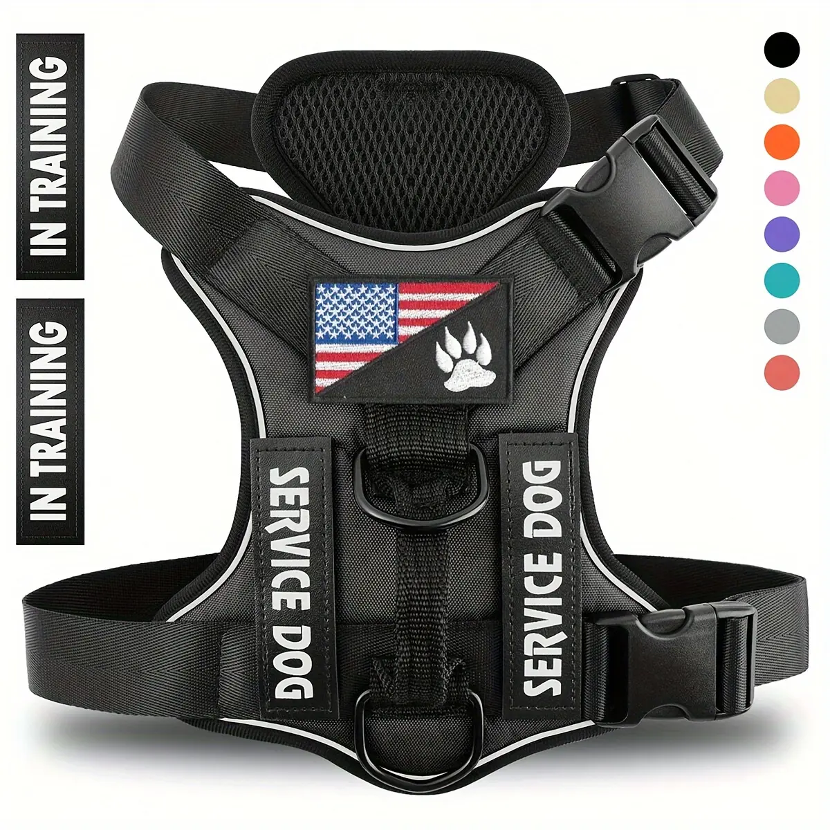 Service Dog Harness with 5pcs Patches - Adjustable Reflective Vest, Soft Oxford Pet Harness with Inner Mesh Layer, Random Buckle System for Service Dogs for all-Size Dogs (Small, Medium, Large)