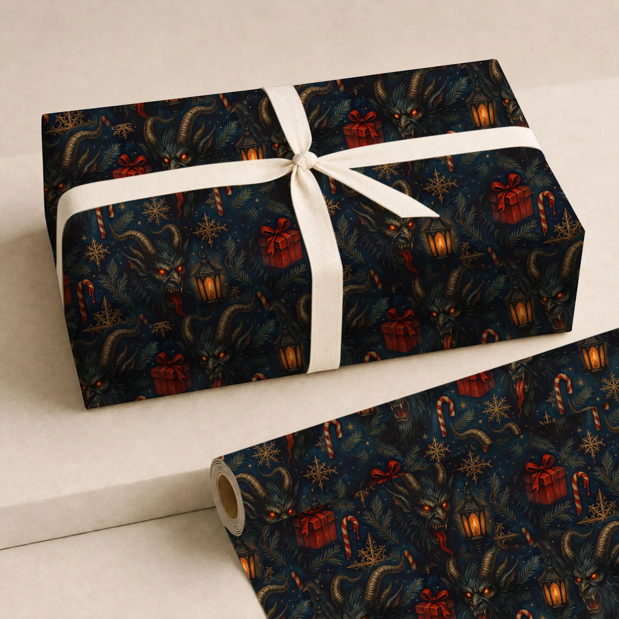 Krampus Christmas Wrapping Paper, Dark Gothic Gift Wrap with Candy Canes, Lanterns and Horned Monster Art for Xmas Gifts, Birthdays & Parties