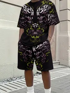 Goth-punk style green flame skull totem men's 3D digital printed two-piece set, 2Pcs, trendy and fashionable set, trendy retro casual two-piece set, vacation-style trendy outfit, breathable sports and leisure style, a perfect holiday gift for men