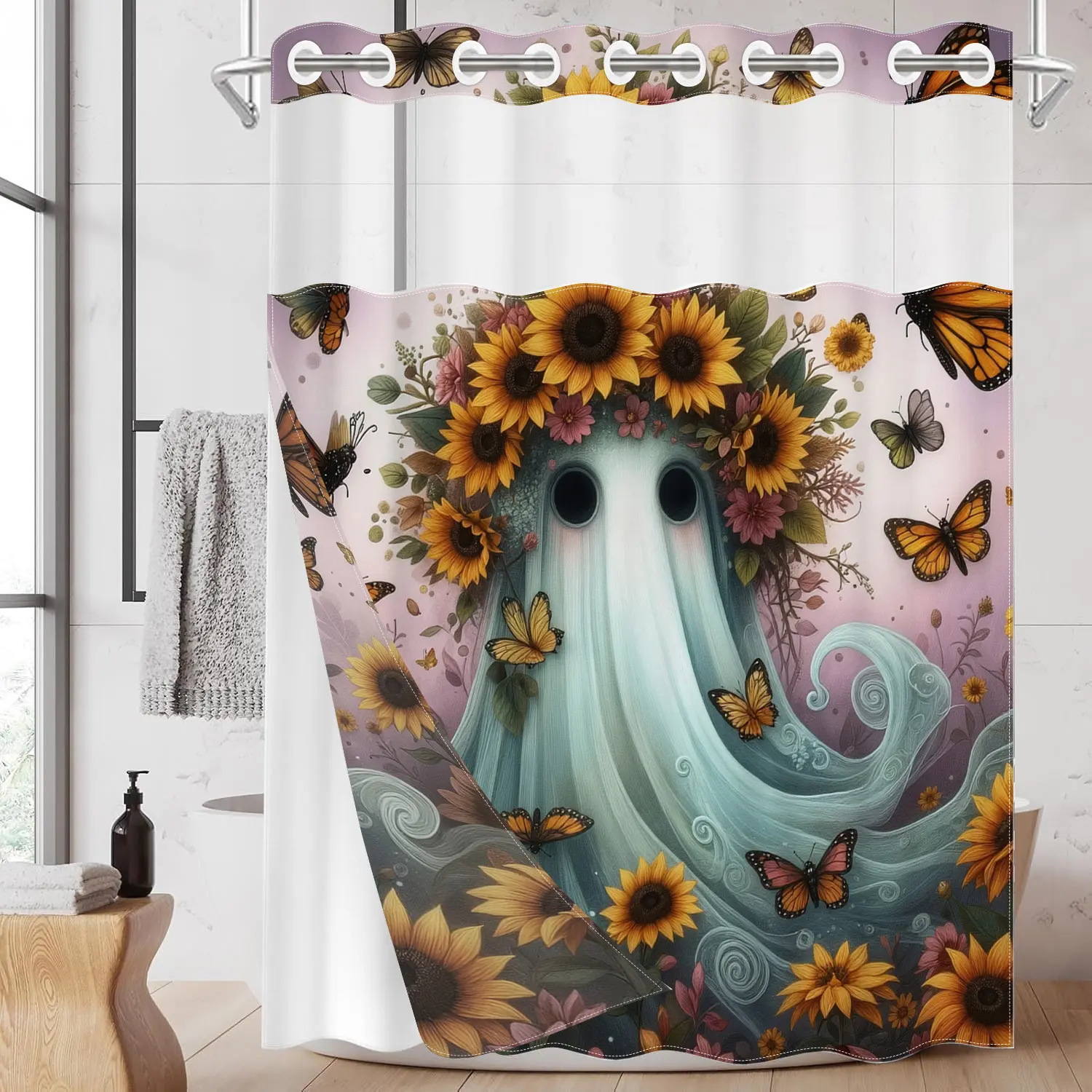 1 Pack No Hook Double Layer Shower Curtain, Ghost with Sunflowers & Butterflies Print Bath Curtain, Machine Washable, Waterproof, Mildew Resistant, Durable Fabric, Whimsical Bathroom Decor, Removable Liner, Top See-Through Window, Partition Curtain 71"×74