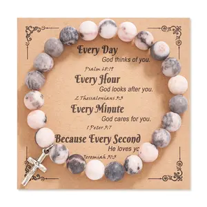 OIDEA Natural Agate Bead Cross Stretch Bracelet for Women, Christian Faith Inspirational Gift with Gift Card
