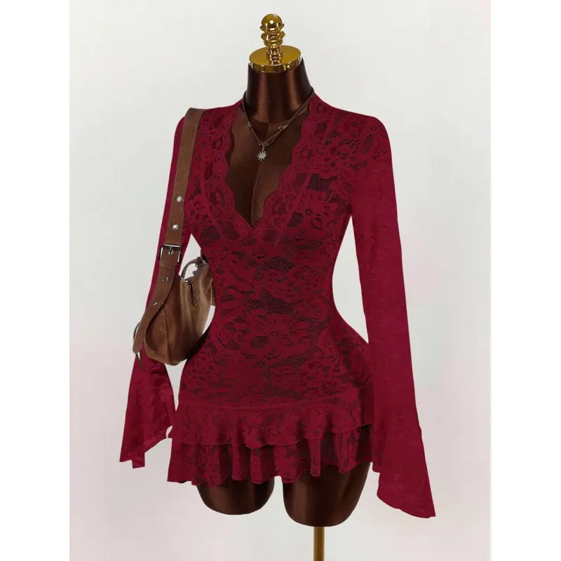 Deep V Neck Burgundy Mini Dress With All Over Lace And Long Flare  Sleeves,Party Dress - TikTok Shop