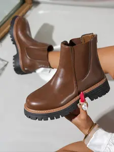 Women's Platform Chelsea Boots, Vintage British Style Chunky Sole Ankle Booties, Round Toe Short Booties, All-Season Casual Shoes