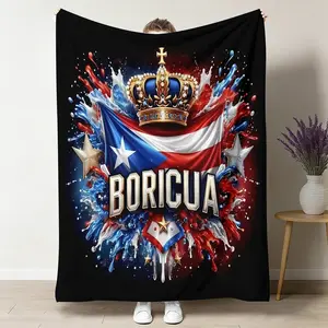 Puerto Rico Pride Wrinkle-Free Flannel Blanket - Multi-Size Flag Print with Crown, All-Season, Indoor-Outdoor Use for Sofa/Office, Ideal for Christmas/Birthdays