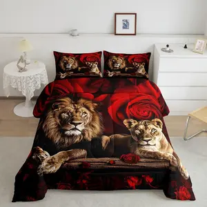 Lion Comforter Set,King Size Red Rose Floral Comforter,3D Pattern Bedding Set,Romantic Flower Duvet Set,Valentine's Day Quilt