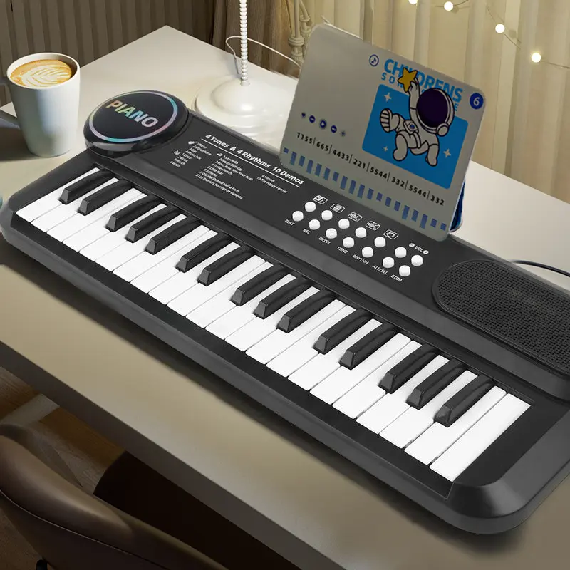 37-Key Black Multifunction Electronic Keyboard Piano Toy for 1-3 Years Toddlers, Lightweight Unisex Portable Beginner Musical Instrument with 10 Songs, Microphone, Music Stand, Percussion, Kickstand, Stickers, Recording, Early Educational Birthday Gift