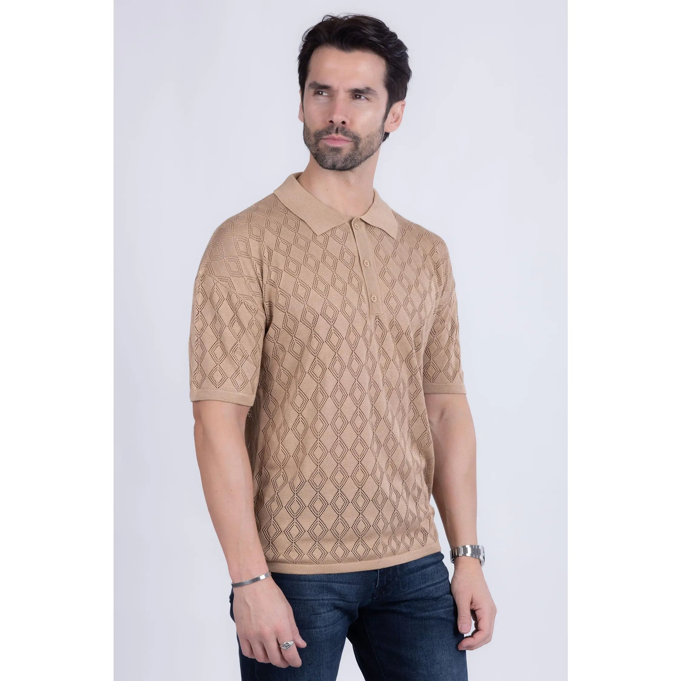 Lagos Geometric Polo Shirt - Classic Design with Classic Fit, Ideal for Everyday Wear Cotton Fabric Menswear Top Big Stretch Textured Viscose Tropical Biker