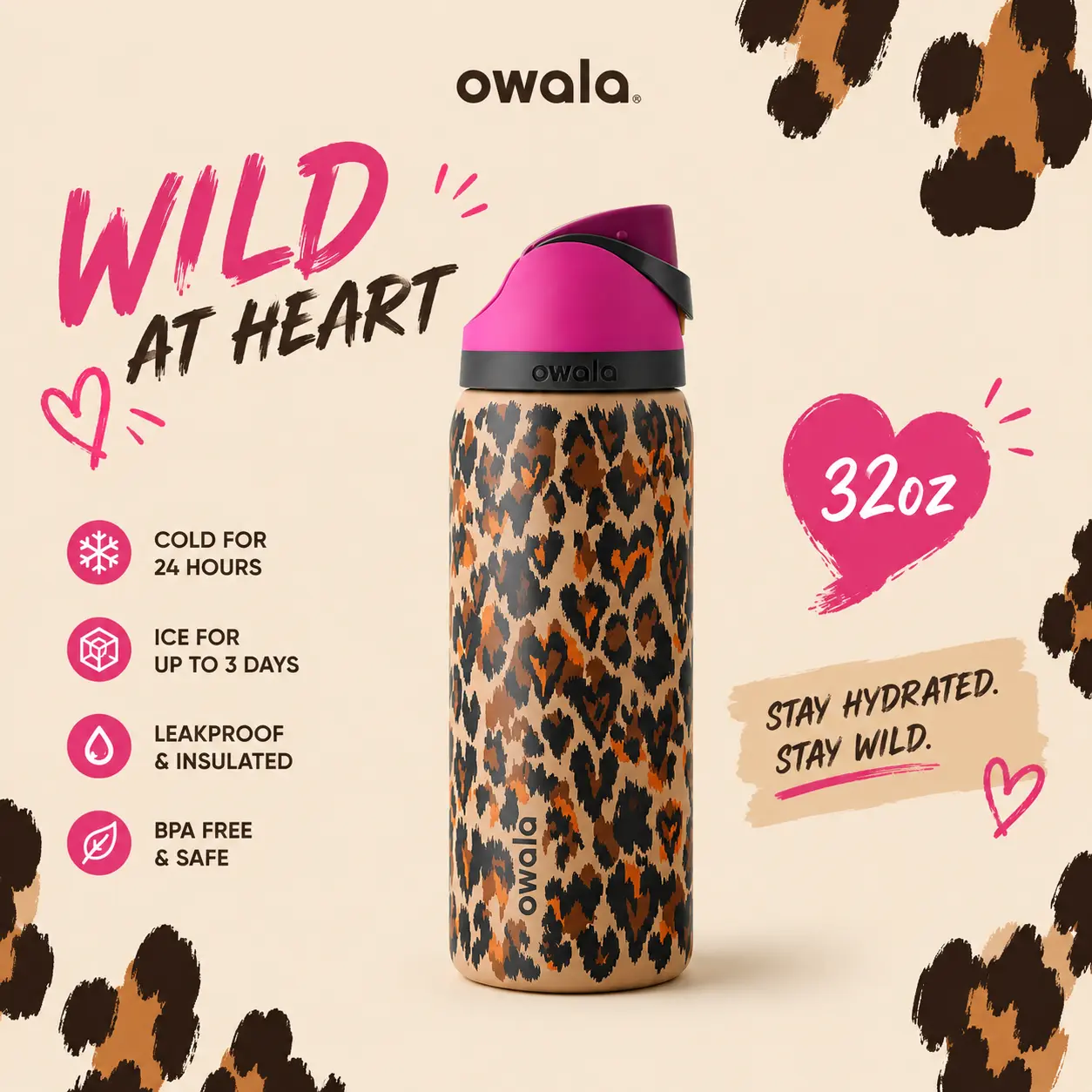 Owala Wild At Heart UO 32oz - Leopard Print Water Bottle