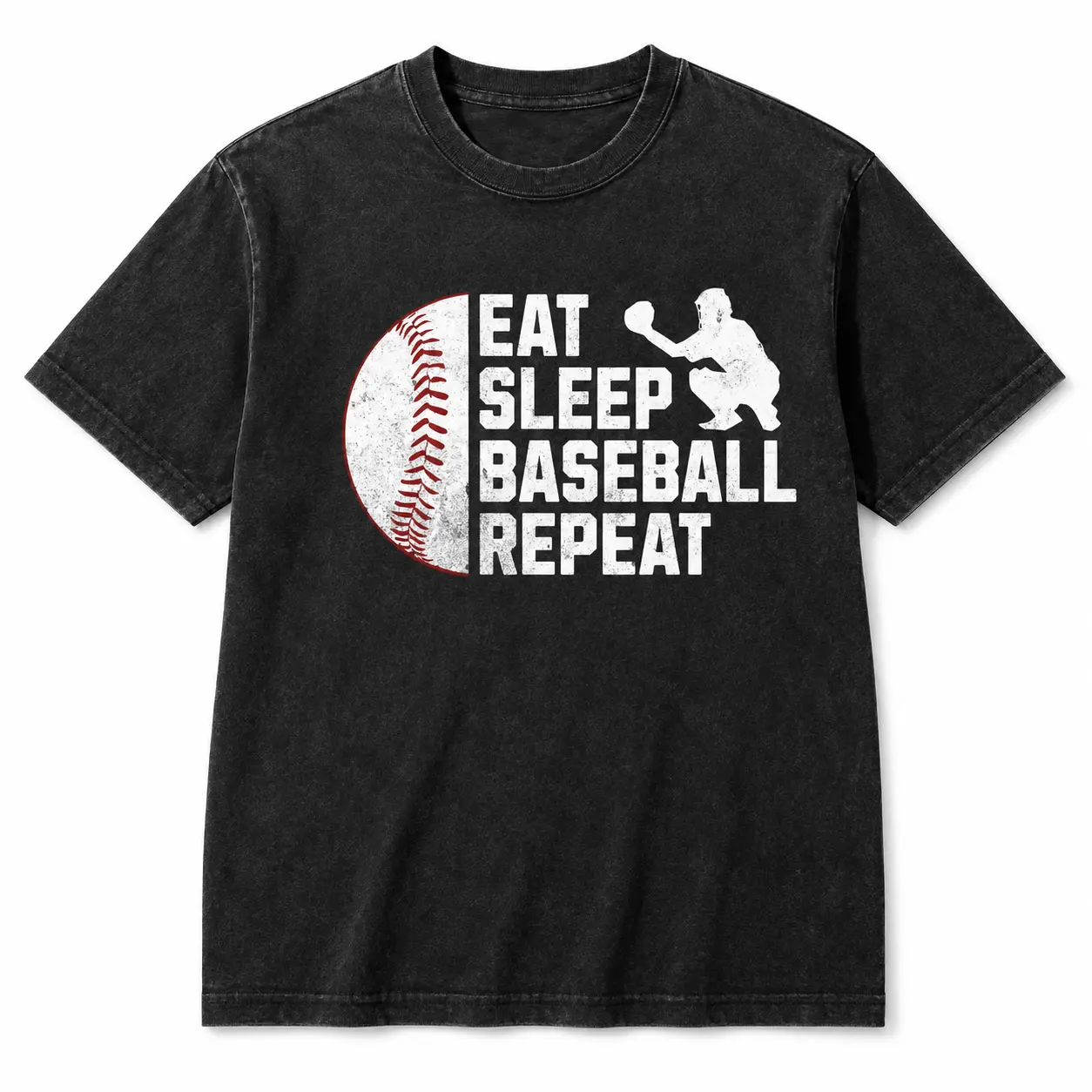 Eat Sleep Baseball Repeat Catcher Graphic T-Shirt - Washed Black Soft Cotton Tee - Sports Streetwear Aesthetic - Unisex Casual Outfit - Trendy Urban Gift Men Women casual comfortable printed T-shirt   3715
