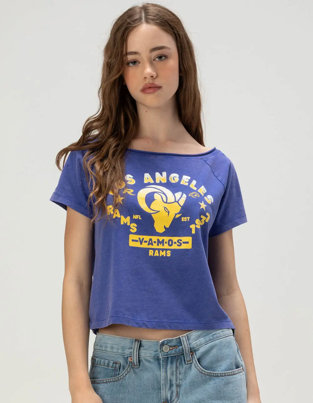 THE WILD COLLECTIVE Los Angeles Rams Womens Off The Shoulder Tee