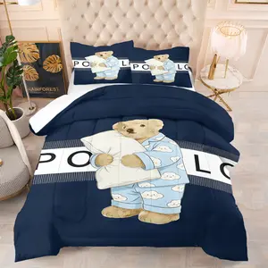 Pajama teddy bear printed pattern bedding set, including 1 blanket and 1 or 2 pillowcases without pillowcases, soft children's or adult bedroom decoration gift, Soft Bedding Sets, Decorative Bedding Set