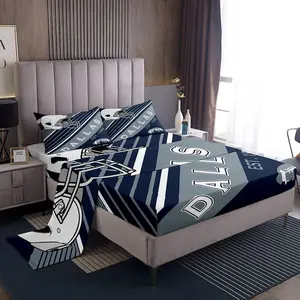 4Pcs Football Bed Sheets Set,Sports White Navy Blue Striped Sheet Set for Men Husband Boyfriend Teen,(Dallas)
