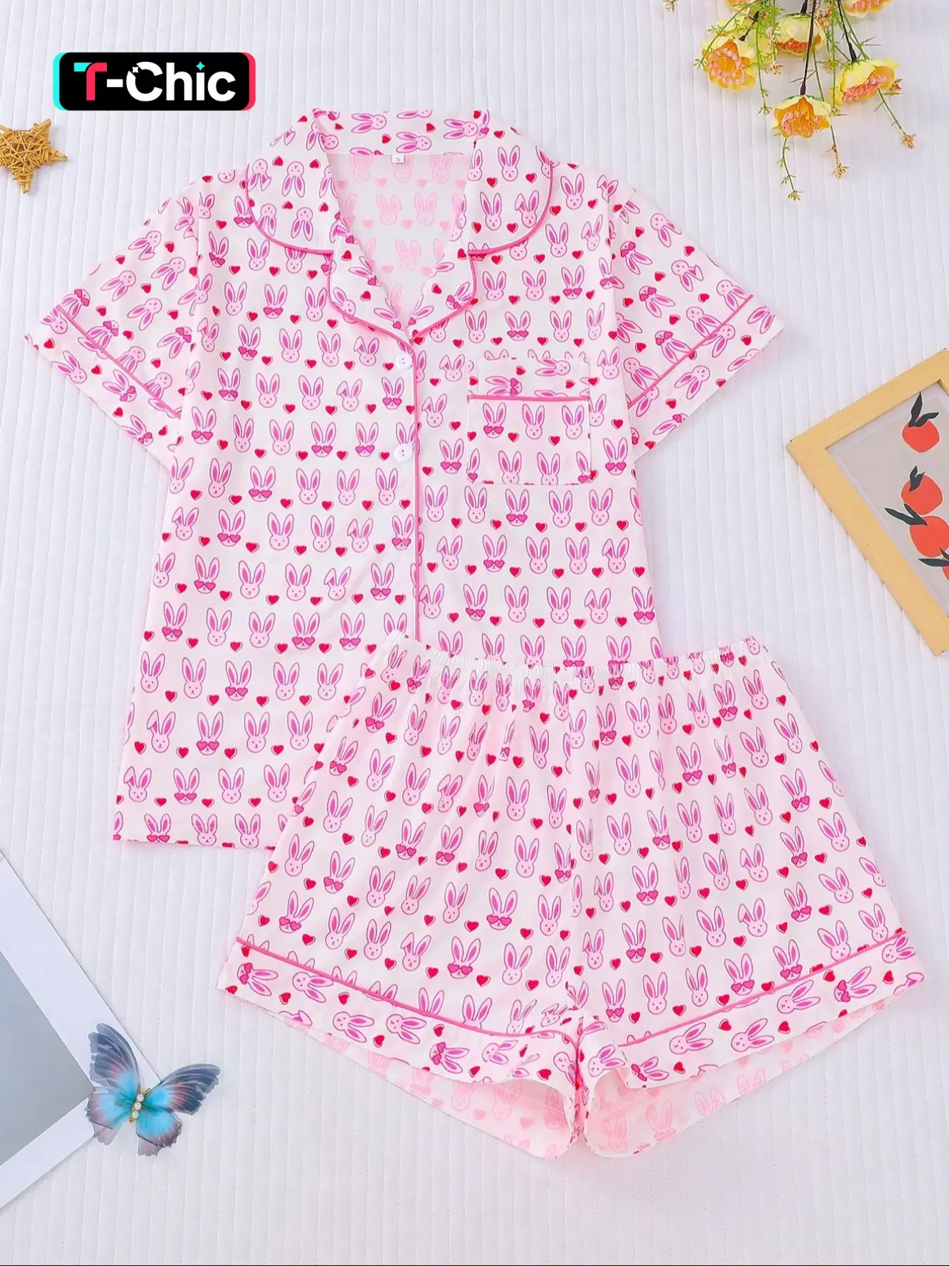 【Valentine's Day】Women's Sleepwear Loungewear Pajama Set, Cute Rabbit Heart Pattern Print, Comfortable Shirt Collar Short Sleeve Top & Loose Elastic Shorts, Casual Homewear Pjs, Summer, Pajama Gift