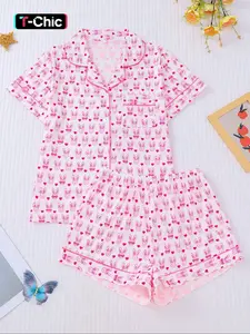 【Valentine's Day】Women's Sleepwear Loungewear Pajama Set, Cute Rabbit Heart Pattern, Comfortable Shirt Collar Short Sleeve Top & Loose Elastic Shorts, Casual Home Wear Pjs, Summer