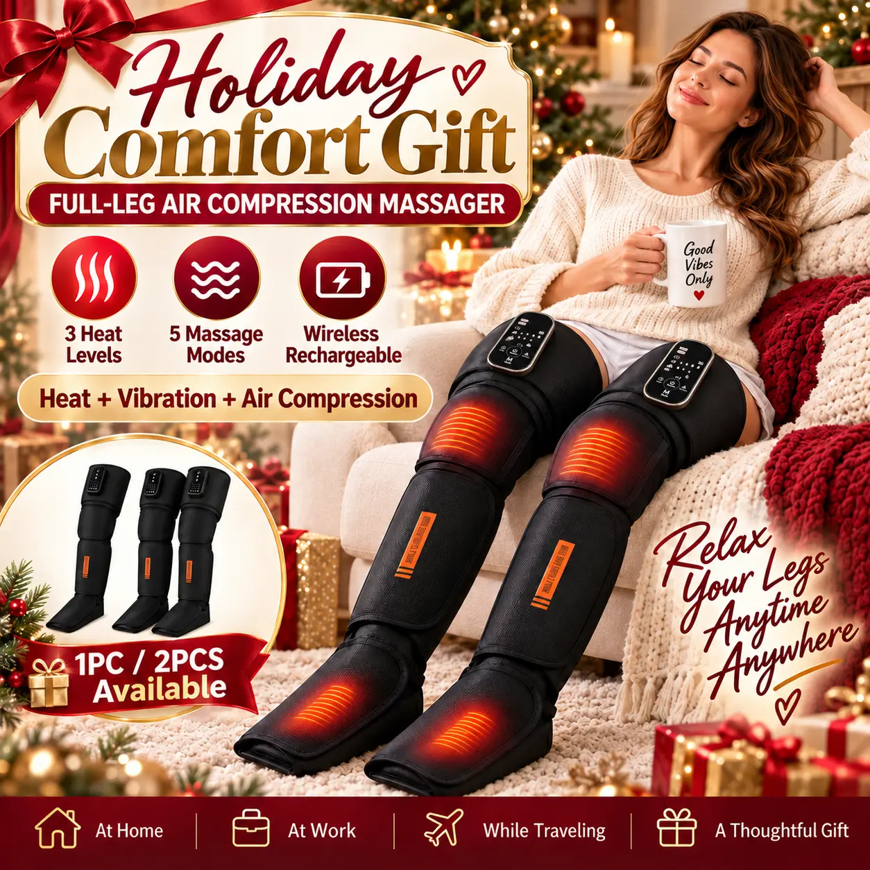 Leg Compression Massager with Heat & Vibration, Cordless Full-Leg Air Compression Boots, 3 Heat Levels, 5 Vibration Levels, 4 Massage Modes, 2500mAh Rechargeable, Thigh Calf Foot Wrap for Home Travel, Christmas Gifts for Men Women Seniors Couples