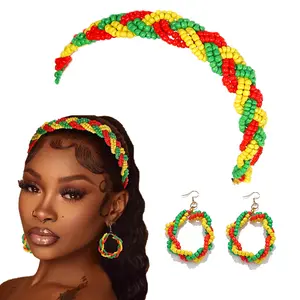 African Elastic Bead Headband Earrings Set Multicolor Seed Beads Headbands Hair Accessories for Lady Women and Girls