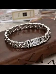New National Trend High-End Return Pattern Bracelet, Unique Men's Square Buckle, Punk Style Cuban Bracelet, Elegant and Bold Design