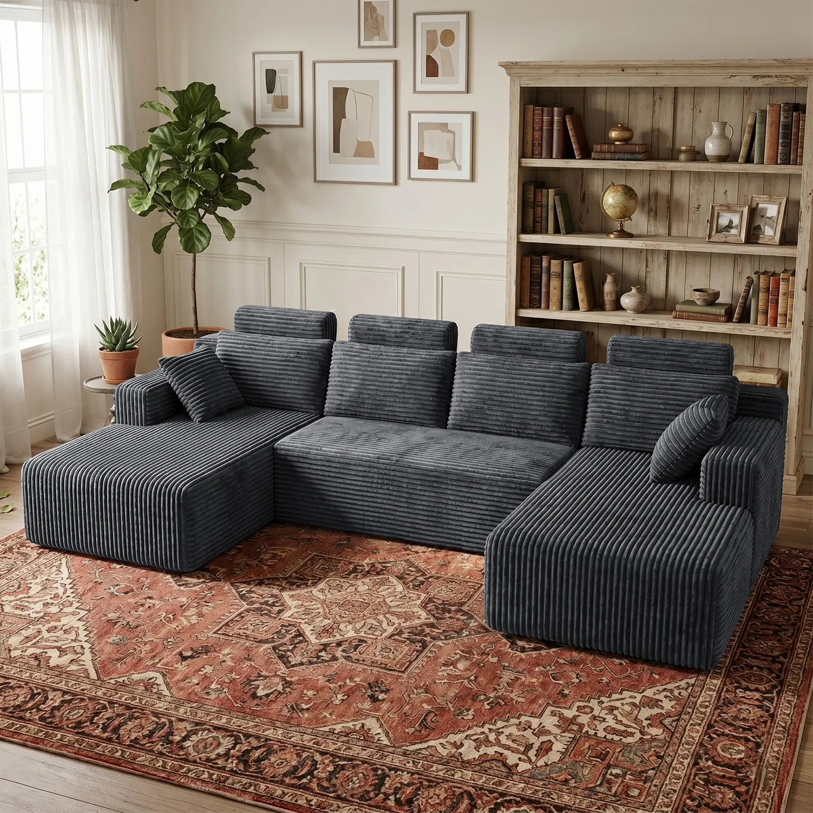 【Summer vibes】134in Ultra-Large Cream Ribbed Corduroy U-Shaped Modular Cloud Sectional Sofa, Convertible Reclining Boneless Comfy Couch with Deep Seat, Cotton Living Room Modern Sleeper Furniture (Shipped in 3 Packages) campingessentials, Sturdy, Children