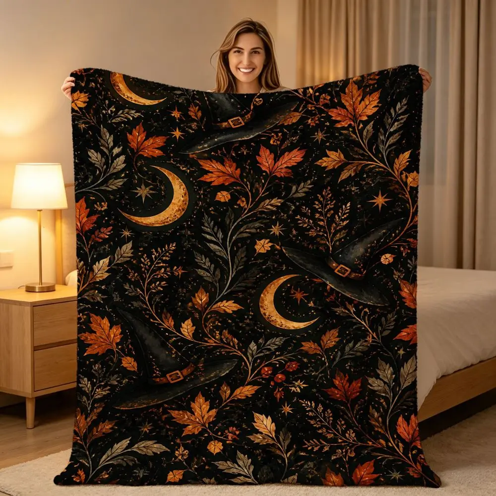 Gothic Witch Blanket, Dark Autumn Maple Leaves Crescent Moons Witch Hats Pattern Flannel Throw, Aesthetic Dorm Room Decor Gift for Women Teens Her, Halloween Birthday Holiday Present, Super Soft Warm Cozy Fleece
