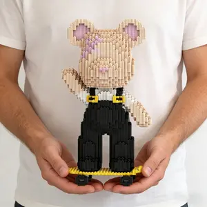 Hand-Waving Bear Skateboard 3D Building Block Ornament, Creative Room Decor, Perfect Gift for Birthday Halloween Valentine's Day Christmas