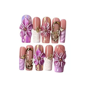 10-piece 3D floral press-on nails (long square shape) | reusable acrylic false nails with butterfly and gold chain details | sweet and cool style