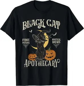 100% Cotton Unisex Retro Scary Halloween Costume Black Cat Salem Apothecary T-Shirt