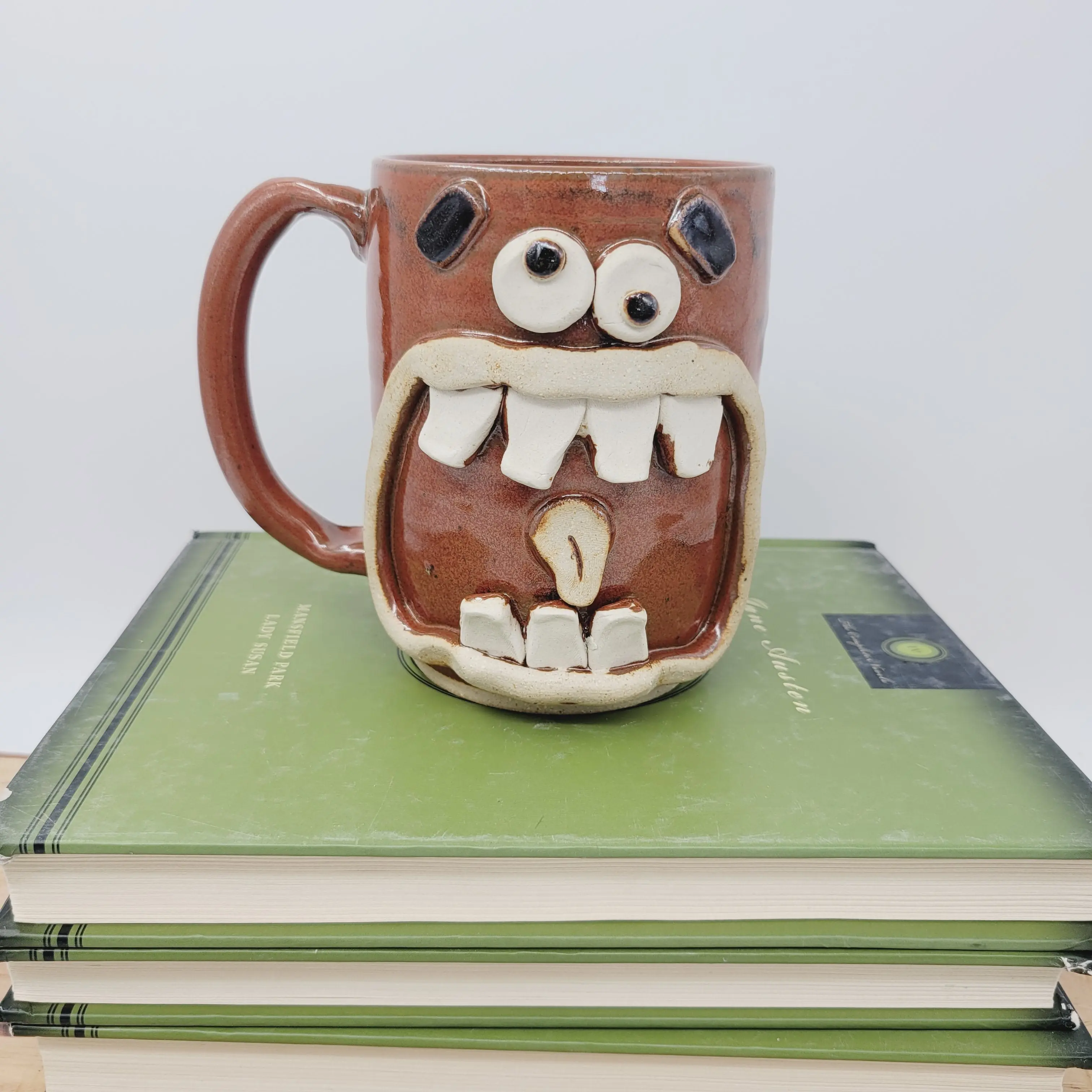 Crazy Happy Smiley Face Mug | Googly Eyes Funny Coffee Cup | 20 Ounces | Red | Handmade Stoneware Pottery | Unique Guy Gifts
