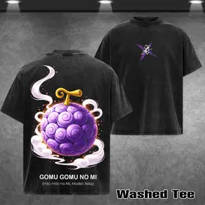 Retro Gomu Gomu no Mi The Pirate King's Devil Fruit. T-shirt, Retro Anime Double Printed Vintage Washed Tee Unisex Oversize Heavyweight Cotton T-shirt for Anime Fans and Lovers Oversized