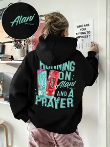 Women's Energy Graphic Print Hoodie with Anime and Prayer Print, Funny Motivational Caffeine Sweatshirt, Long Sleeve Casual Fall & Winter Wear