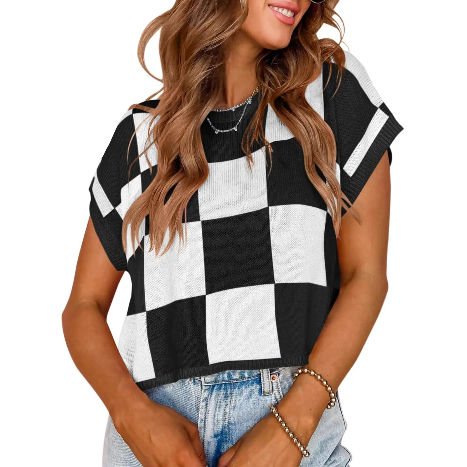 Goranbon Women's Cap-Sleeve Crop Knit Top - Summer Color Block, Crew Neck, Cotton Fabric, Funky Women's Knitwear for Going Out, Casual Wear