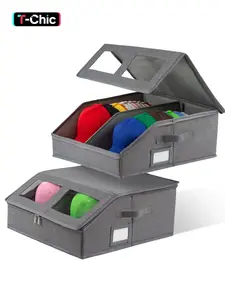 2 PCS Stackable Clear Hat Storage Boxes, Cap Organizers, for Baseball Caps - Holds Up to 48 Caps, with Drawer & Flip-Top Access, Sturdy Cardboard & Breathable Fabric, Space-Saving Organizer for Closet/Shelf