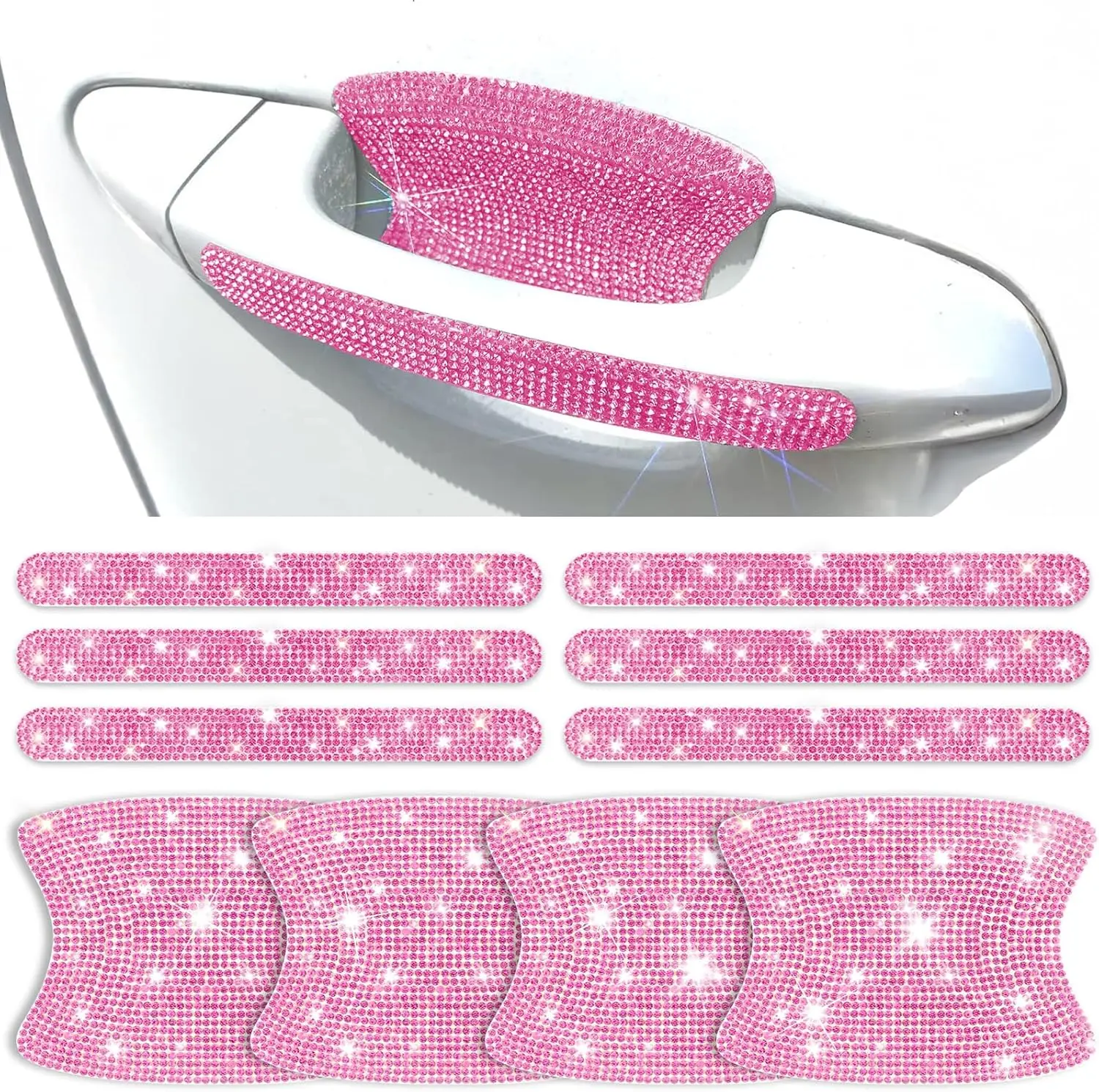 10 PCS Stick-On Bling Car Door Handle Protectors, Shiny Glitter Rhinestone Anti-Scratch Covers, Pink Women's Automotive Exterior Accessories