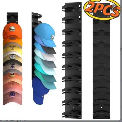 Plastic Waterproof Baseball Cap & Hat Organizer 2-Pack - Strong Adhesive Tape, Wall/Door Mountable Multi-Tiered Holders, 14”x2.4”x1.3” Compact Fit, Adaptable Installation (2 Options), Holds Up to 20 Hats, Space-Saving Shelves for Bedroom Home Decor, Black