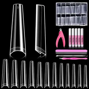 CHRISTMAS GIFT 240PCS Extra Long Clear Coffin Nail Tips Kit – Half Cover Acrylic False Nails with Nail Glue, Clipper, Files & Cuticle Fork for DIY Nail Art & Salon Use