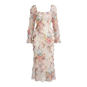 Retro Country Style | Romantic 3D Floral Accents | French Square Neckline | Ruffled Lace | Sheer Organza | Elegant Dress