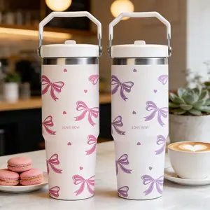 Butterfly & Heart Pattern Vacuum Flask, 1 Count Large Capacity Insulated Water Bottle with Handle & Straw, Summer Cool Bottle Drinking Cup for Home Office School, Drinkware Stainless Steel Tumbler Hydration Tumbler