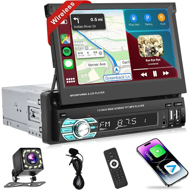 【Roinvou】7" Single Din Foldable Touchscreen Android Auto Player Car Stereo Radio with Wireless CarPlay, 170° Wide View, 4×45W Power, Mirror Link, Bluetooth 5.1, FM Radio, 5 Input Ports, Backup Camera, MIC, Hands-Free Calls, MP4/AVI/FLV Road Movies Support
