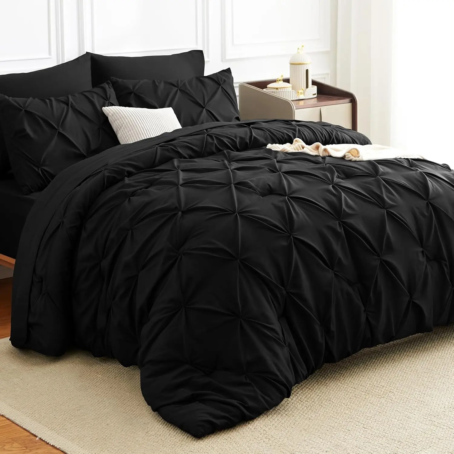 7-Piece Solid Black Queen Bed Sets, Luxury Soft Fabric Pintuck Pinch-Pleat Comforter with Sheets and Pillow Shams, Bed Set, Comforter Set