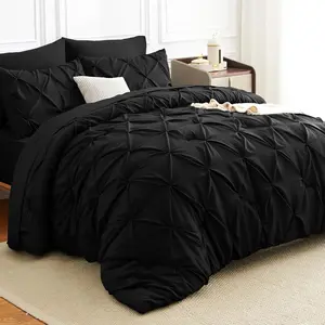 7-Piece Queen Size Bed-in-a-Bag bedding set in black—luxury soft pintuck pinch-pleat comforter set including comforter, flat sheet, fitted sheet, pillowcases, and shams