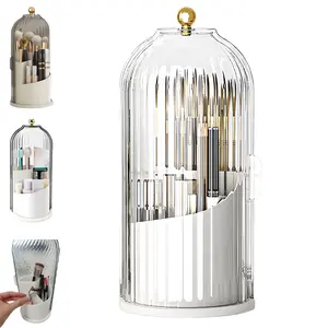 Makeup Brush Holder with Lid 360 Rotating Makeup Brush Organizer, Dustproof Waterproof Material & with 3 Compartments for Organized Storage, Dressing Tables Clear Storage Skincare Cosmetic (White)