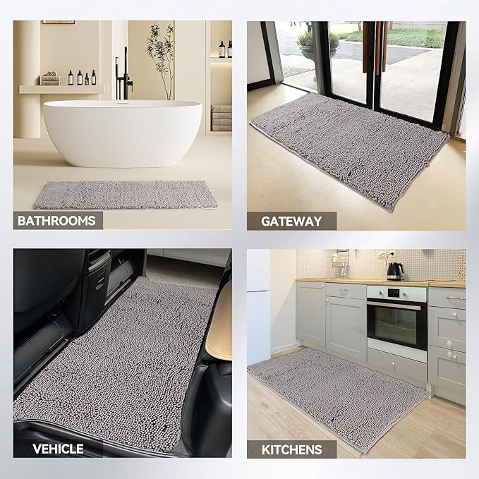 Low density low lint bathroom mat washable dog door mat, quick drying chenille pet door mat, machine washable indoor and outdoor carpet gray