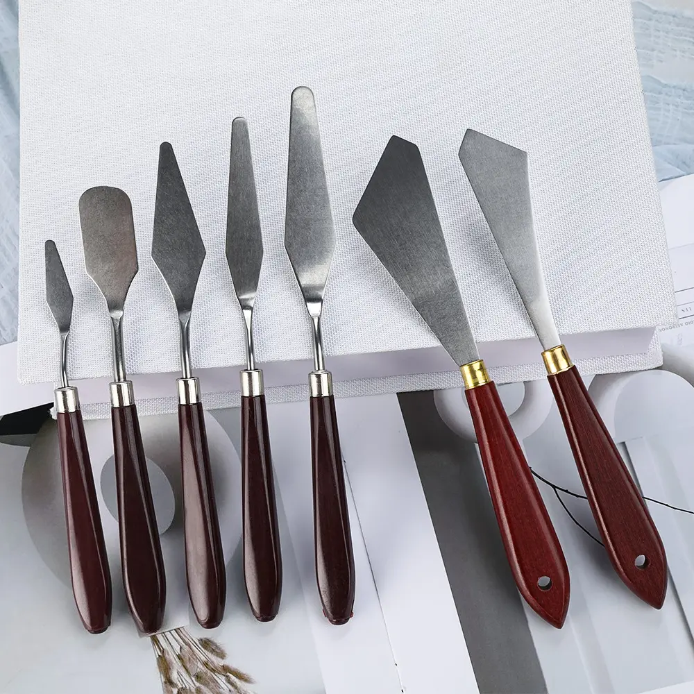Palette Knife Set, 7-Piece Painting Knives with Sturdy and Lightweight Stainless Steel Blade and Beech Handle, Drawing Scraper Tools for Painting Enthusiasts, Unscented, Mixing Tools, Wood Handle, 7 Pcs, Convenient To Store