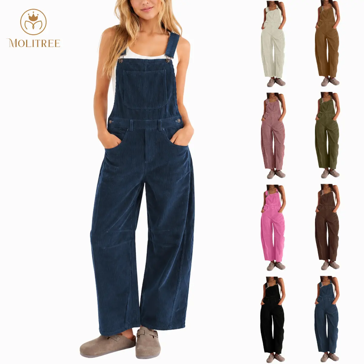 Molitree Women's Corduroy Overalls Barrel Wide Leg Bib Pants Adjustable Romper Jumpsuit with Pockets  Casual Wideleg Womenswear Brown