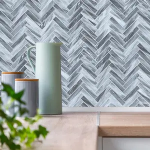 Vamos Tile 10 Sheets Peel and Stick Backsplash Herringbone Tile, PVC Self Adhesive Tiles Stick on Wall Tile for Kitchen, Bathroom and Fireplace, Tile Sticker - Bardiglio Marble