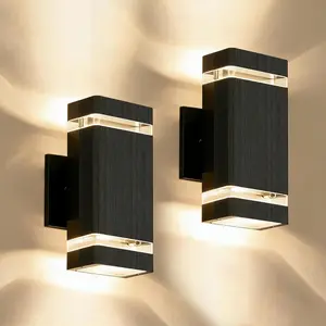 Square Outdoor Wall Lights 2 Pack, Up and Down LED Porch Lights, Aluminum Exterior Lighting Fixtures with 2 * 7W Bulbs 3000K Waterproof Outdoor Sconces Wall Lighting for House Porch Garage Black