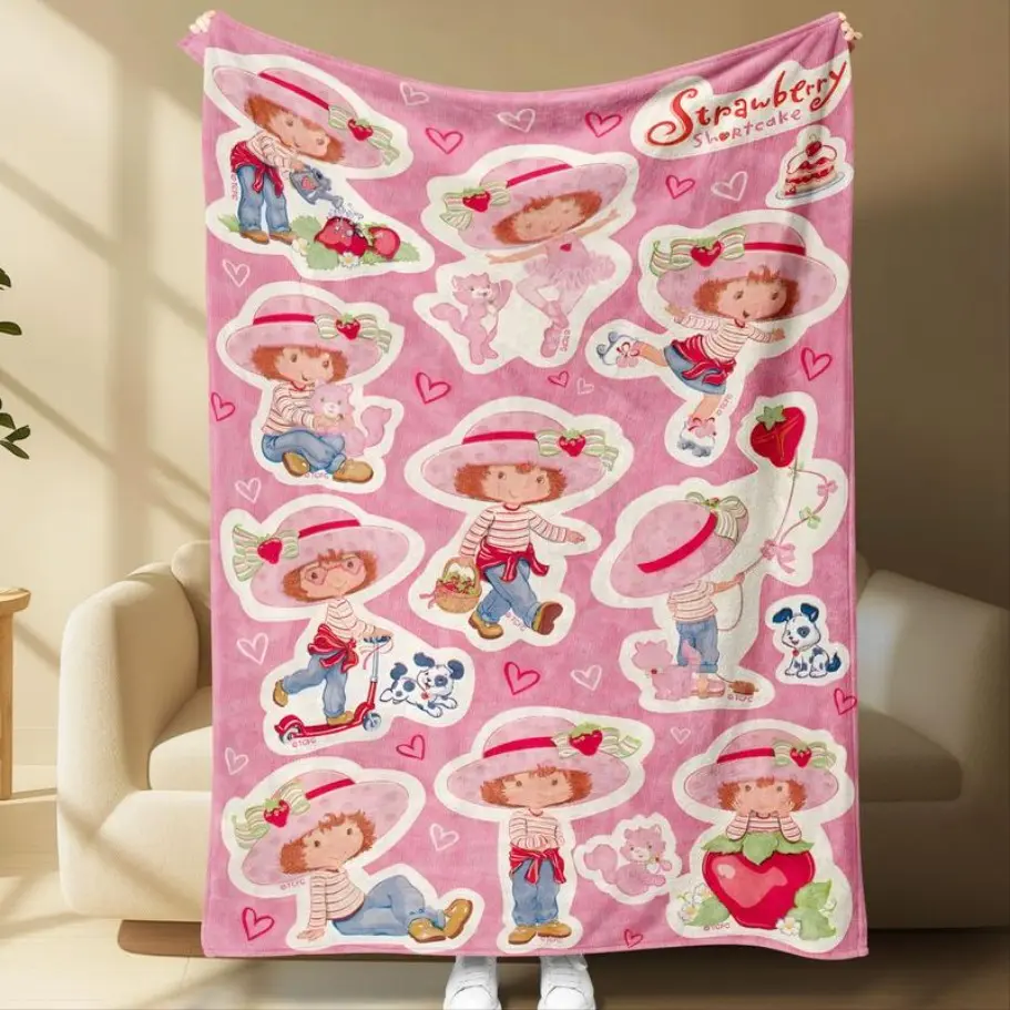 Ultra-Soft Wrinkle-Resistant Flannel Blanket with Strawberry Shortcake Festive Print, Cozy Aesthetic Warm Throw for Living Room Decor, Bedroom Sofa Naps, Halloween-Christmas Gift Idea