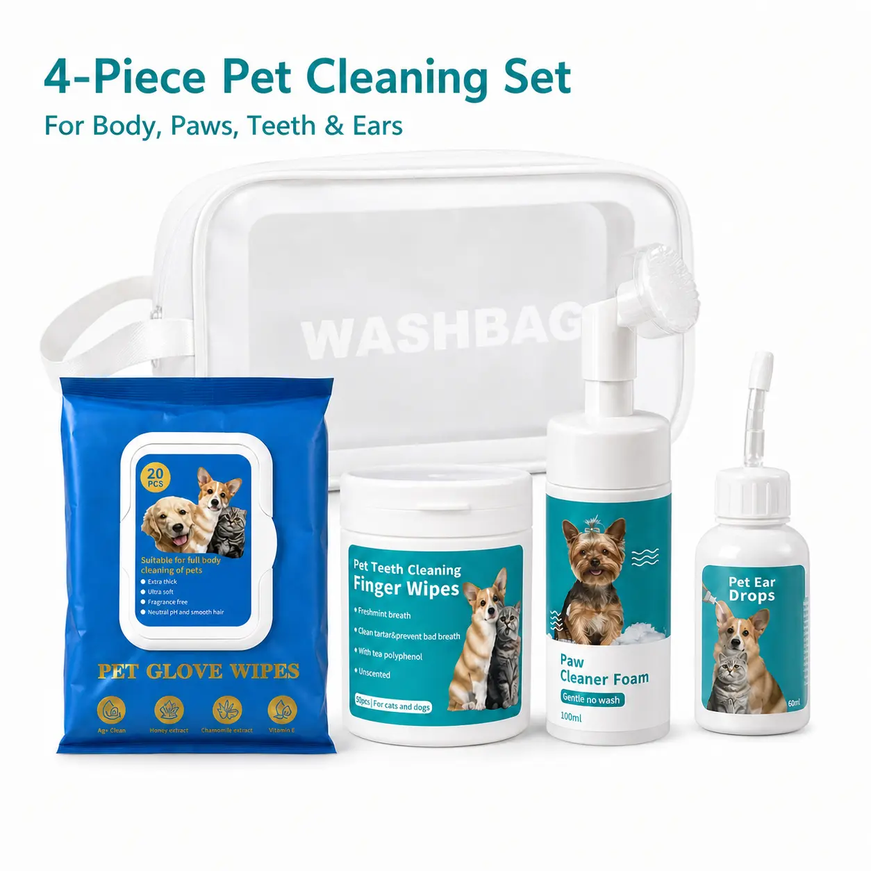 4-Piece Pet Bath & Grooming Kit for Dogs & Cats, No-Rinse Paw Cleaner, Silicone Glove Wipes, Ear Drops, Teeth Wipes, Travel Bag